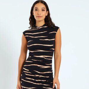H&M Hi Neck Tiger Print Slinky Ruched Bodycon Midi Dress - Multi